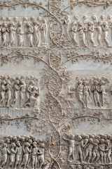 Detail of the facade of the Duomo of Orvieto, Italy. Marble bas-relief representing episodes of the bible. New Testament Stories