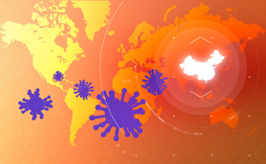 Microscopic view of Coronavirus, a pathogen that attacks the respiratory tract. Analysis and test, experimentation. Sars. Contagion. Infectious disease. World map with China highlighted. 3d render