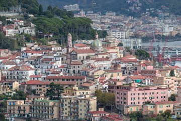 Fototapeta na wymiar Panoramic view of Vietri sul Mare and in the background Salerno