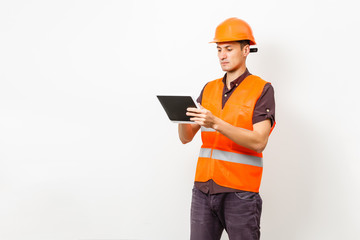 construction worker using digital tablet