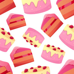 Vector seamless pattern with pink cakes with yellow cream and pieces of cake on a white background