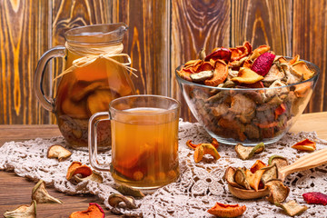 Rural still-life - compote with dried fruits from apples and pears close-up, selective focus