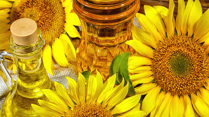 Rural still-life - sunflower oil in bottles with flowers of sunflower (Helianthus annuus), closeup