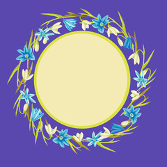 Wreath of snowdrops on a purple background