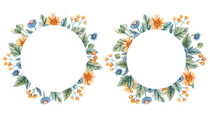 Floral round frame of watercolor wildflowers.