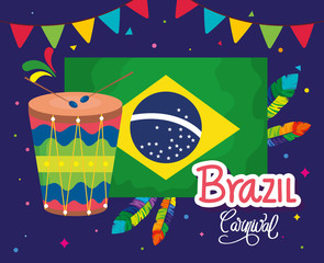 poster of brazil carnival with flag and icons traditional vector illustration design