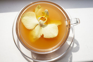 Tea. green Tea. Herbal tea. Mint leaf. Tea with apple flavor. Tea in a glass cup with apple blossoms and leaves dried tea sliced lime.