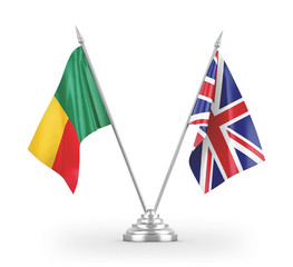 United Kingdom and Benin table flags isolated on white 3D rendering