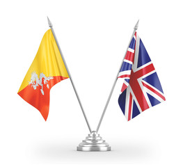 United Kingdom and Bhutan table flags isolated on white 3D rendering