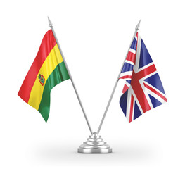 United Kingdom and Bolivia table flags isolated on white 3D rendering