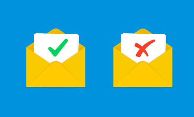 Check mark in mail envelope. Confirm and rejection email. Approved or rejected. 