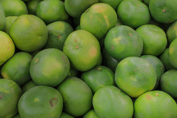 Pile of green organic Mandarin fruit or Tangerines.