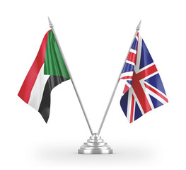 United Kingdom and Sudan table flags isolated on white 3D rendering