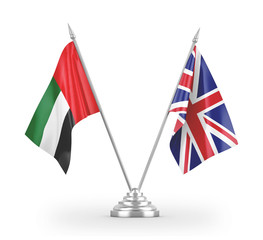 United Kingdom and United Arab Emirates table flags isolated on white 3D rendering