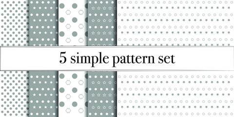 Set of 5 simple ornament vector patterns. Use for ceramic tiles, wallpaper, linoleum, textiles, wrapping paper, web page, kids, postcard. Background or wallpaper with dots