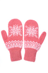 Warm woolen knitted mittens isolated on white background. Pink k