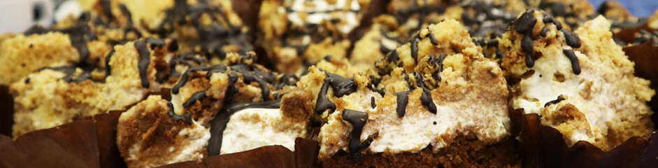 Slices of sweet tasty pie at the stand-up meal. Banner сlose up.