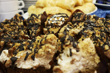 Slices of sweet tasty pie at the stand-up meal. Close up.