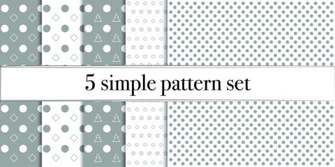 Set of 5 simple ornament vector patterns. Use for ceramic tiles, wallpaper, linoleum, textiles, wrapping paper, web page, kids, postcard. Background or wallpaper with dots