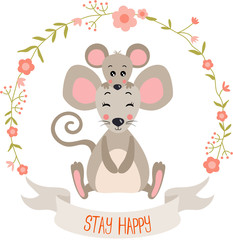Stay happy flower wreath with mother and baby mouse
