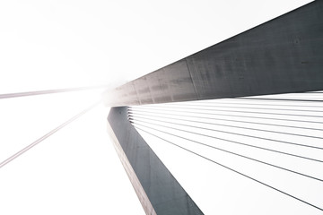 looking up to top of eurasmus bridge hidden in fog