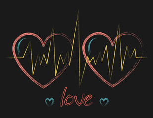 Hearts pulse line, heartbeat for two, greeting card on a black background for the holiday Valentine's Day. Romantic lettering. Holiday design, love creative concept.