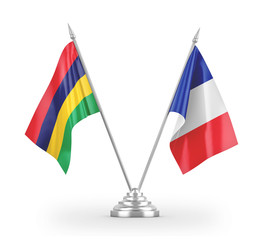 France and Mauritius table flags isolated on white 3D rendering
