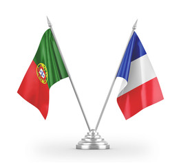 France and Portugal table flags isolated on white 3D rendering