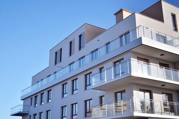 Multistory new modern apartment building with architectural details of modern architecture. 