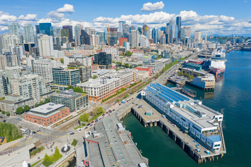 Fototapeta na wymiar Aerial footage of the Belltown District in Seattle