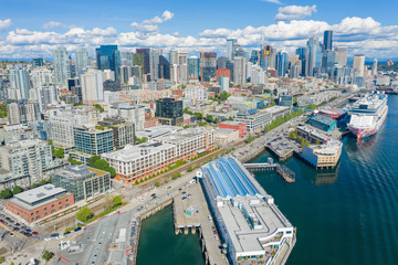 Fototapeta na wymiar Aerial footage of the Belltown District in Seattle