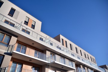 Multistory new modern apartment building with architectural details of modern architecture. 