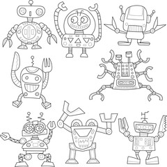 Set of vector robots in cartoon style. Isolated vector robots in a white background