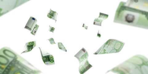 Counting euro banknote falling isolated. Money cash texture on white background.