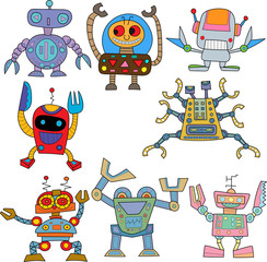 Set of vector robots in cartoon style. Isolated robots in a white background