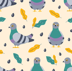 Pigeon bird and leafs seamless pattern