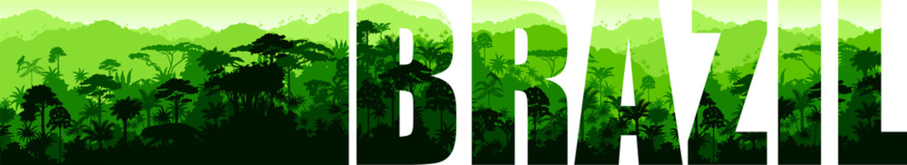 Vector panorama with jaguar, macaw and toucan in Jungle Rainforest - Brazil, South America © Save Jungle