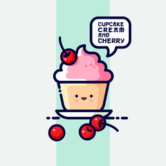 Muffin with whipped cream with cherry syrup, and whole cherries. Yummy dessert icon. Cute kawaii illustration with speech bubble. Lettering by Japanese style.