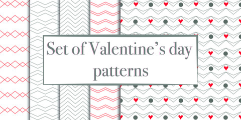 Simple ornament vector seamless patterns set. Use for ceramic tiles, wallpaper, linoleum, textiles, wrapping paper, web page, kids, postcard. Background with hearts.Valentine day, love symbol 