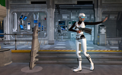 Futuristic young woman armed with gun inside a spaceship