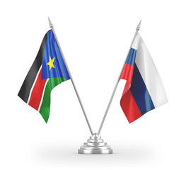 Russia and South Sudan table flags isolated on white 3D rendering