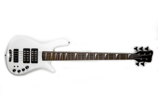 white polish finish electric bass guitar isolated white background.