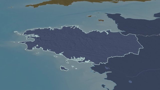 Bretagne, region with its capital, zoomed and extruded on the administrative map of France in the conformal Stereographic projection. Animation 3D