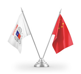 China and Mayotte table flags isolated on white 3D rendering