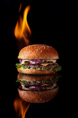  burger with fire on a black background for the site