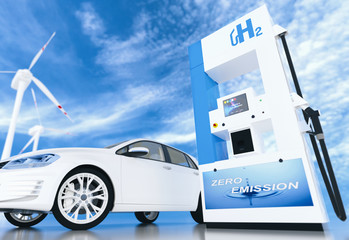 hydrogen logo on gas station. h2 combustion engine for emission free ecofriendly transport.