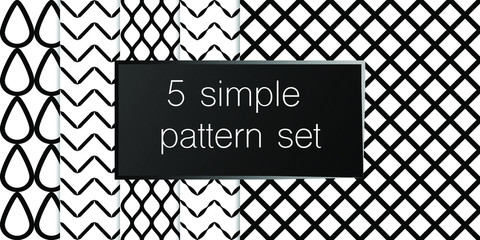 Set of 5 simple ornament vector patterns. Use for ceramic tiles, wallpaper, linoleum, textiles, wrapping paper, web page, kids, postcard. Background or wallpaper black and white colours 