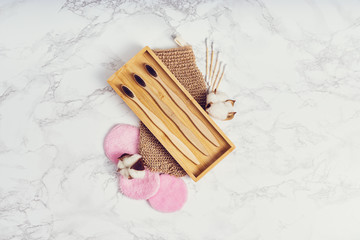 Body care or bath products on white background. Top view 