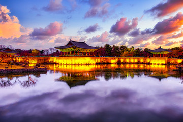 Fototapeta na wymiar atmosphere the sunset at Donggung Palace and Wolji Pond of Gyeongju city,South korea.