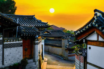 atmosphere the sunrise at Bukchon hanok village,South Korea